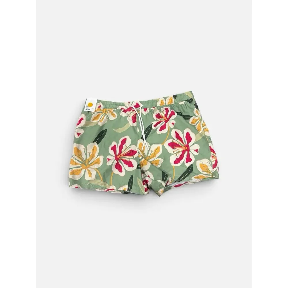 Men's Green Orchid Print Swim Trunks with Red & Yellow Blooms | Size XXL | NWT